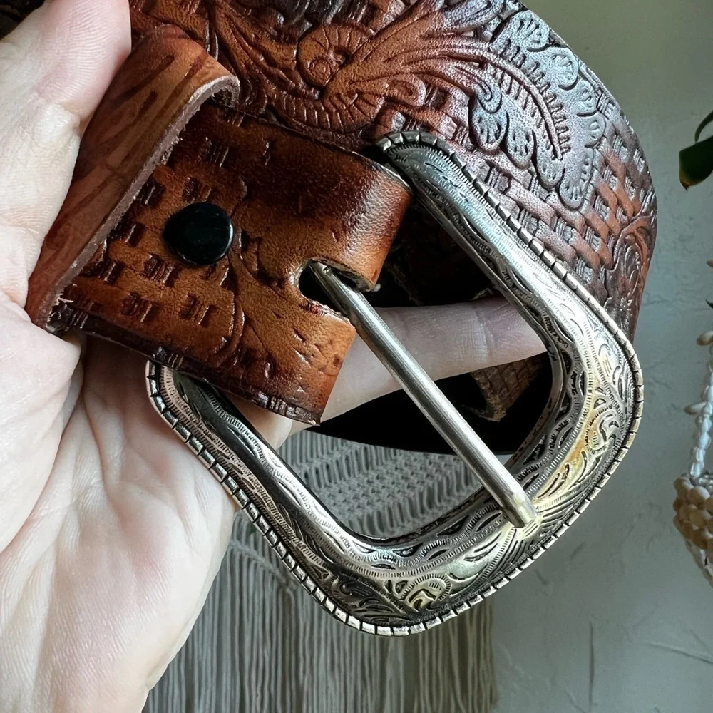 Vintage Tooled Leather Western Belt with Silver Buckle Floral Size L / 42–44